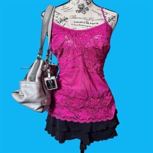 Pink Lace Camisole with Silver Handbag